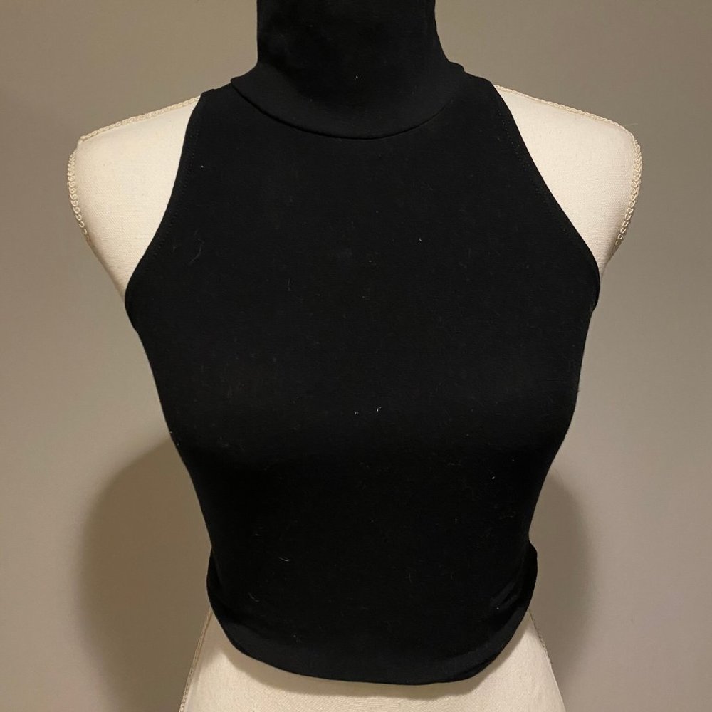 Cotton Sleeveless Turtleneck Crop Top in Black